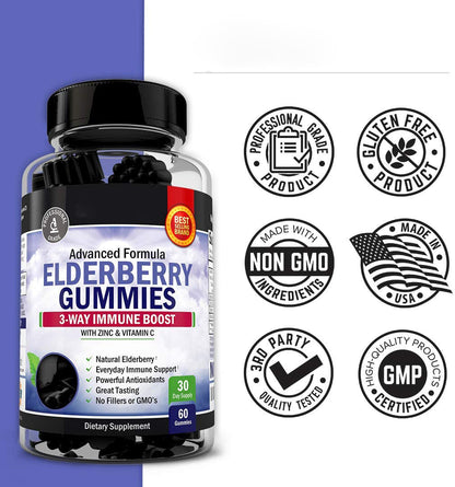 Black Elderberry Gummies | 60 Count | with Zinc and Vitamin C | Vegan, Non-GMO, Gluten Free Extract for Adults | Berry Flavor