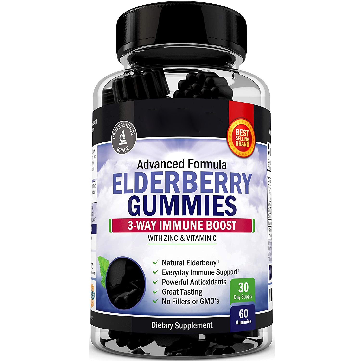 Black Elderberry Gummies | 60 Count | with Zinc and Vitamin C | Vegan, Non-GMO, Gluten Free Extract for Adults | Berry Flavor