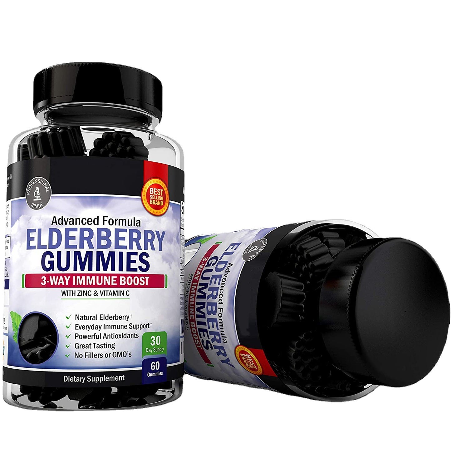 Black Elderberry Gummies | 60 Count | with Zinc and Vitamin C | Vegan, Non-GMO, Gluten Free Extract for Adults | Berry Flavor