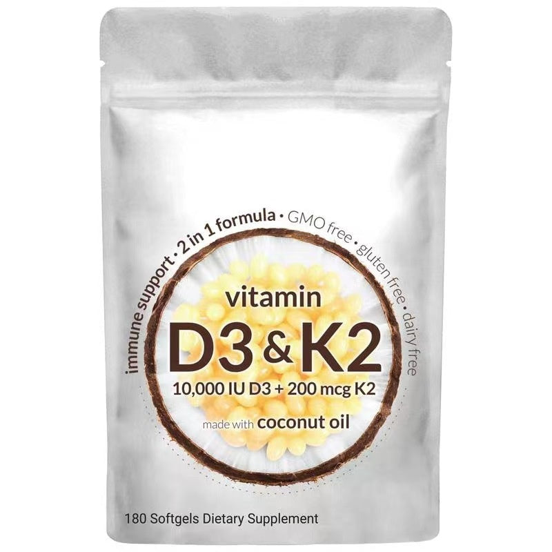 Vitamin D3 10,000 IU + K2 MK-7 200 mcg, Virgin Coconut Oil | 2-in-1 Bone, Immune & Heart Support | Easy to Swallow, Non-GMO