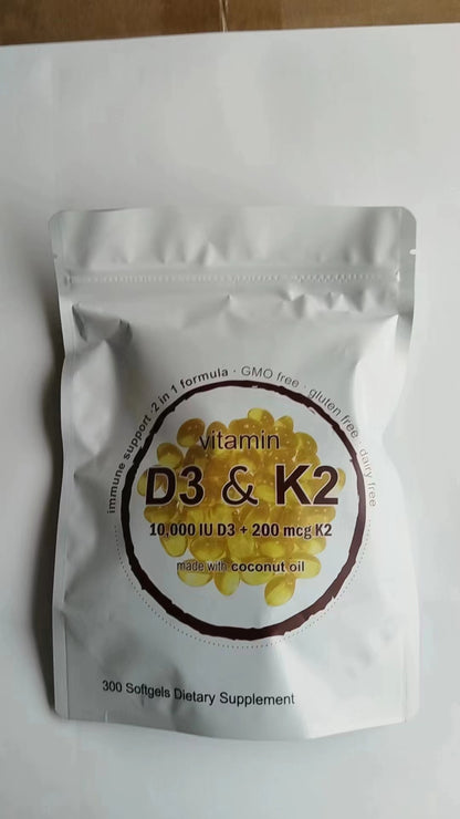 Vitamin D3 10,000 IU + K2 MK-7 200 mcg, Virgin Coconut Oil | 2-in-1 Bone, Immune & Heart Support | Easy to Swallow, Non-GMO